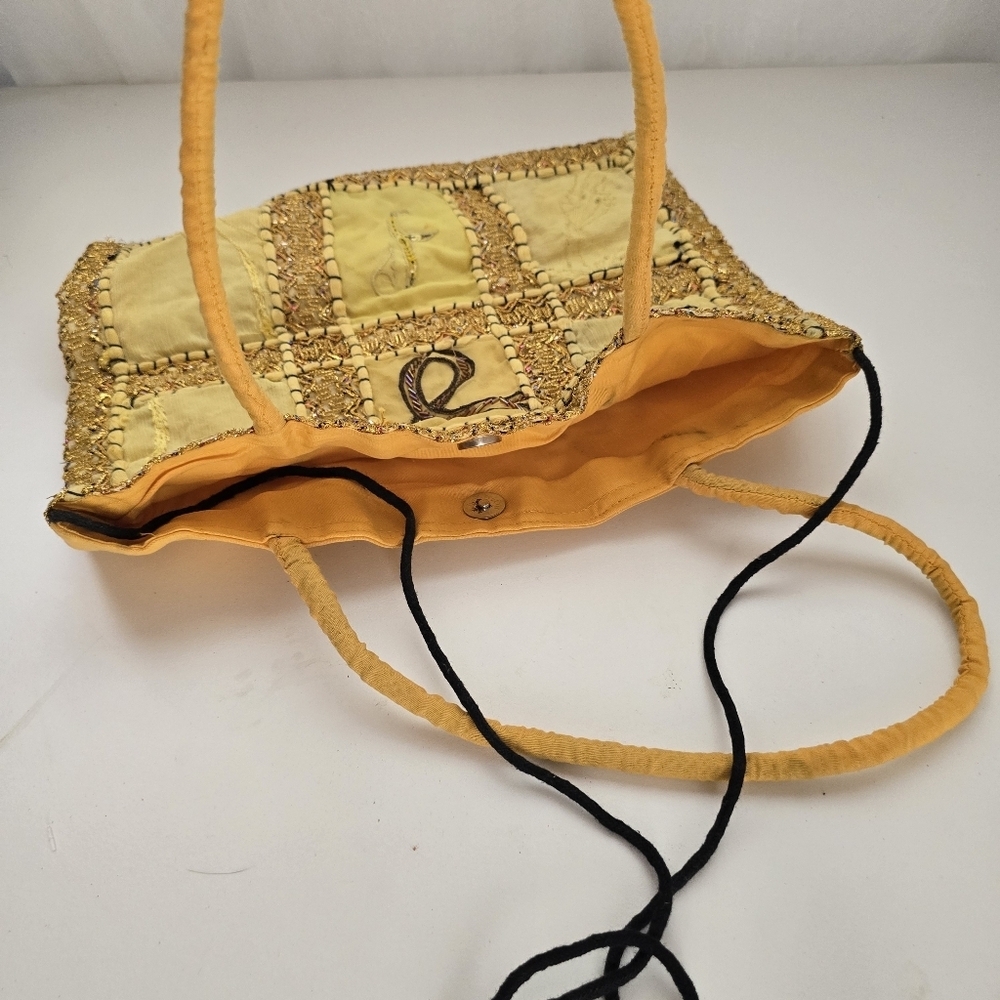 Boho India Patchwork Tote Bag Yellow Embroidered Beaded Handmade - Picture 8 of 12
